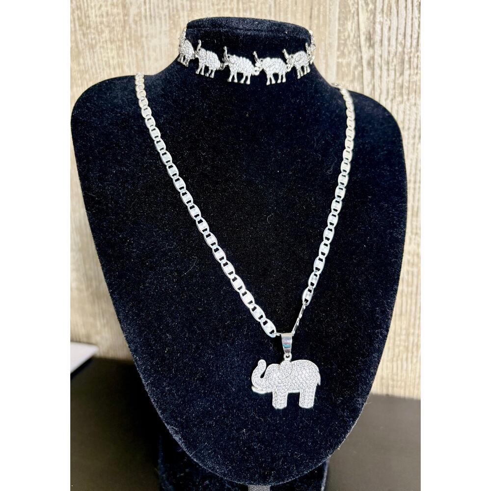 1ct Moissanite Elephant on 19" Chain, 925 Silver & Bonus Bracelet